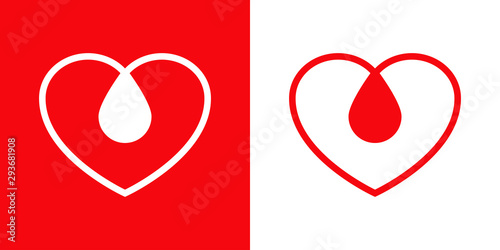 Logotipo con gota de sangre con corazón lineal en rojo y blanco