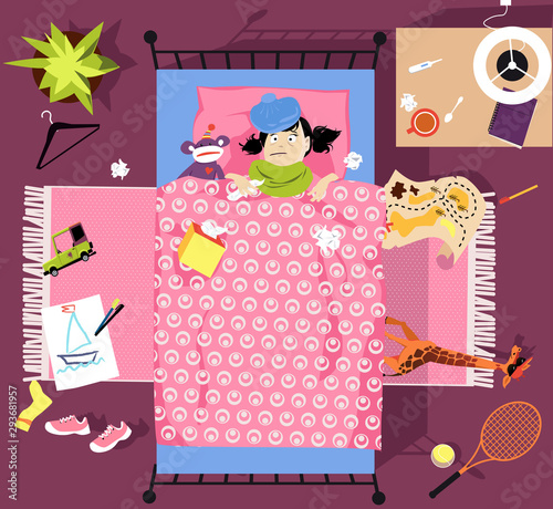 Little girl sick with cold or flu lying in bed in her room, view from top, EPS 8 vector illustration