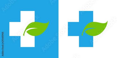 Símbolo medicina naturista. Icono plano lineal cruz con hoja verde en fondo azul y fondo blanco