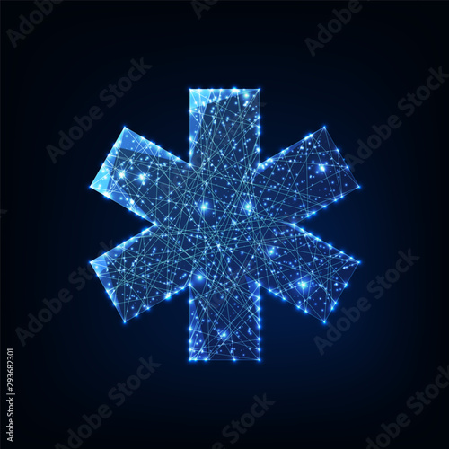 Futuristic glowing low polygonal medical symbol star of life isolated on dark blue background.