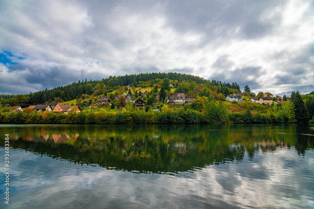 The colorful trees at the Nagoldtalsperre in Black Forest / Schwarzwald, National Park, Germany at autumn