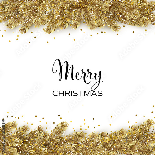 Vector Christmas card with gold christmas tree and glitter