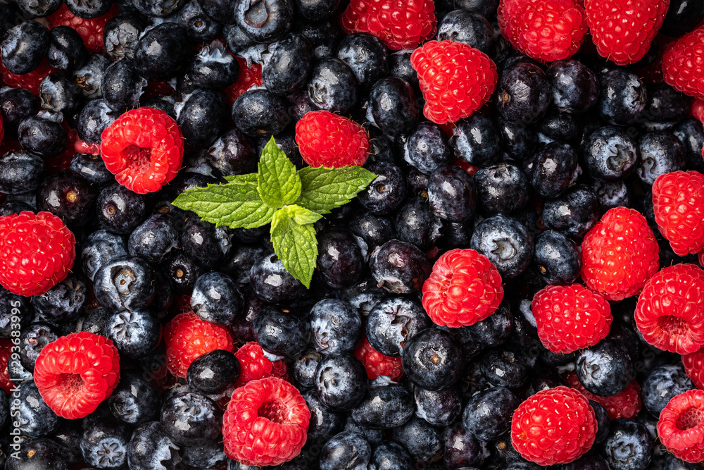 Mint, Blueberries and Raspberries