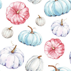 Wandcirkels Aquarel prints patronen Beautiful seamless pumpkins pattern on isolated white background. Watercolor illustration. Hand drawing. It is perfect for thanksgiving cards or posters, halloween   © BloomPix