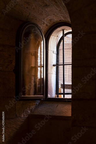 Window in an old church. St. Joseph's church, Nazareth, Israel. Details