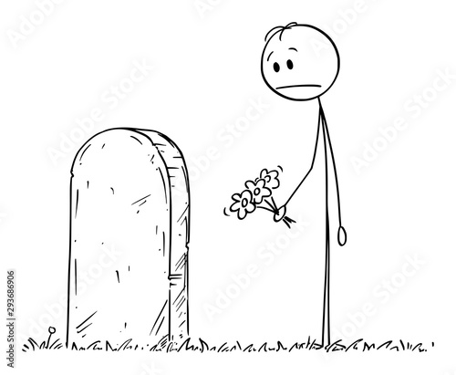 Vector cartoon stick figure drawing conceptual illustration of sad man with flower visiting grave on cemetery.