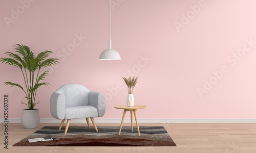 Gray sofa in pink living room, 3D rendering