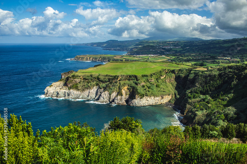 breathtaking view of coastline from Santa Iria viewpoint on the Island of Sao Miguel, Azores, Portugal