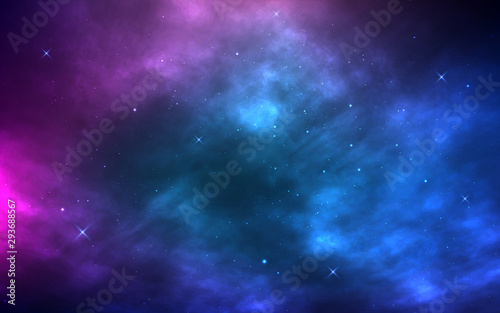 Space background. Realistic cosmos with nebula and shining stars. Milky way and stardust. Starry night and color galaxy. Magic Infinite universe. Vector illustration