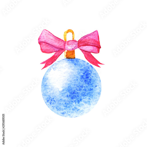 Christmas composition with pink bow and blue ball isolated on white background. Holiday design for greeting cards, calendars, posters, prints, invitations.