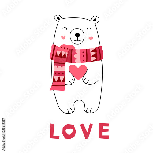Cute polar bear holds a heart, Valentines day card, print for t shirts. Vector illustration for children.