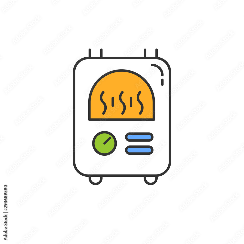 Central heat color icon. Fast cooking. Easy managing, temperature control. Mantelpiece, hearth isolated vector illustration. Use convenience, economy, delicious homemade food. Kitchen device Central heat color icon. Fast cooking. Easy managing, temperature control. Mantelpiece, hearth isolated vector illustration. Use convenience, economy, delicious homemade food. Kitchen device