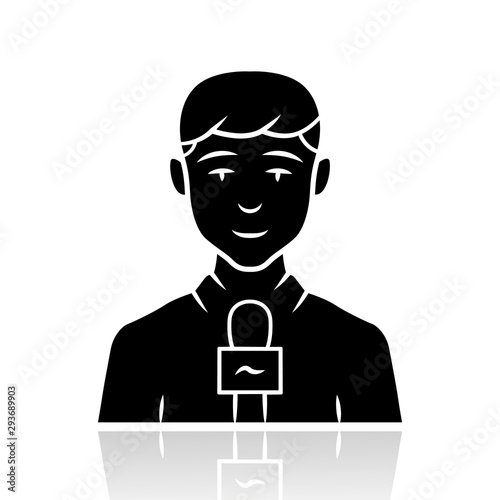 Reporter man drop shadow black glyph icon. TV presenter, interviewer with microphone. TV host. Journalist taking interview. Newscaster reporting breaking news. Isolated vector illustration