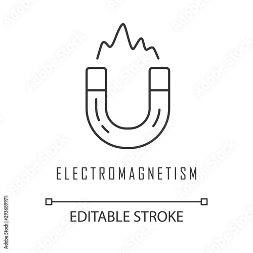 Electromagnetism linear icon. Electromagnetic force. Magnetic field physical phenomena. Horseshoe magnet. Thin line illustration. Contour symbol. Vector isolated outline drawing. Editable stroke