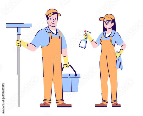 Cleaners couple flat vector characters. Woman and man janitors, housekeepers cartoon illustration with outline. Housekeeping, housework chores. Cleaning service workers isolated on white background