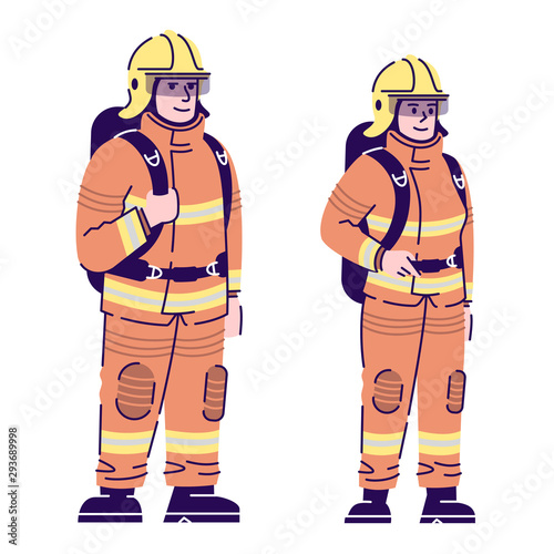 Firefighters couple flat vector characters. Professional fireman and firewoman in protective uniform cartoon illustration with outline. Fire department workers, rescuers isolated on white background