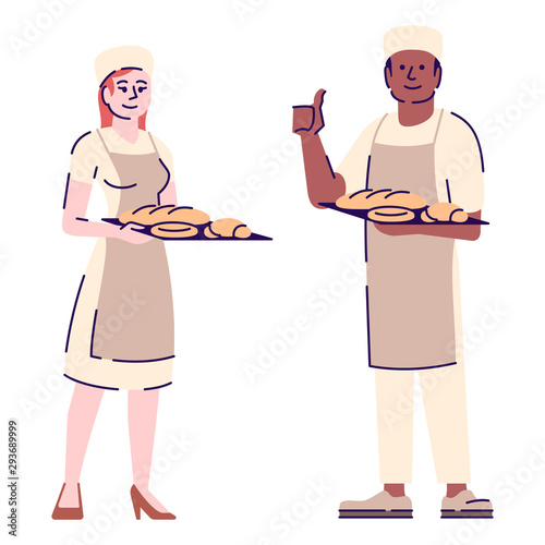 Bakers couple flat vector character. Restaurant chefs, bakery workers cartoon illustration with outline. Woman and man confectioners holding tray with bread and buns isolated on white background