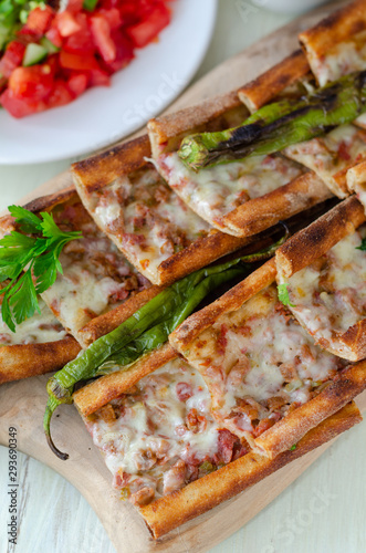 Turkish Pita(pide) with minced meat and cheese.