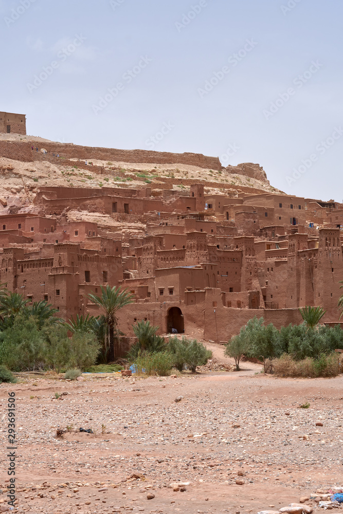 Kasbah and Ksar Ait Ben Haddou, a UNESCO World Heritage Site, is a fortified city, a group of earthen buildings surrounded by walls, the province of Ouarzazate in Morocco.