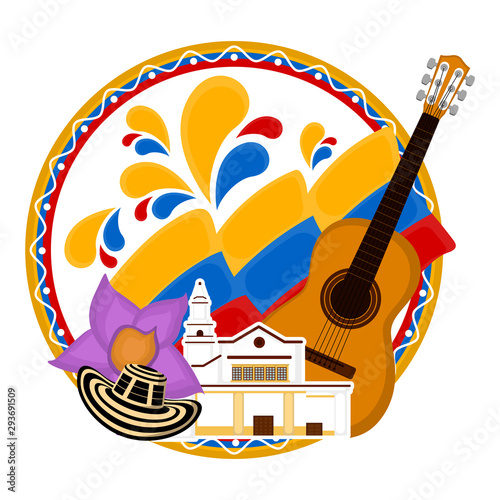 Church building with a flag, flower and guitar. Representative image of colombia - Vector