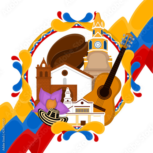 Church building with a flag, hat, coffee bean and guitar. Representative image of colombia - Vector