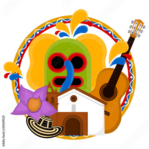 Church building with a marimonda mask, hat, flower and guitar. Representative image of colombia - Vector