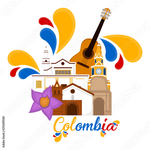 Church buildings with a flower and guitar. Representative image of colombia - Vector