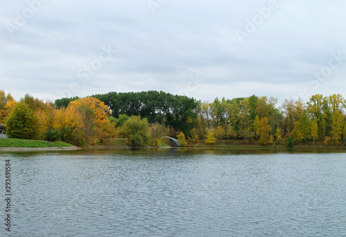 Autumn landscape of the park with a pond and trees on the shore.
