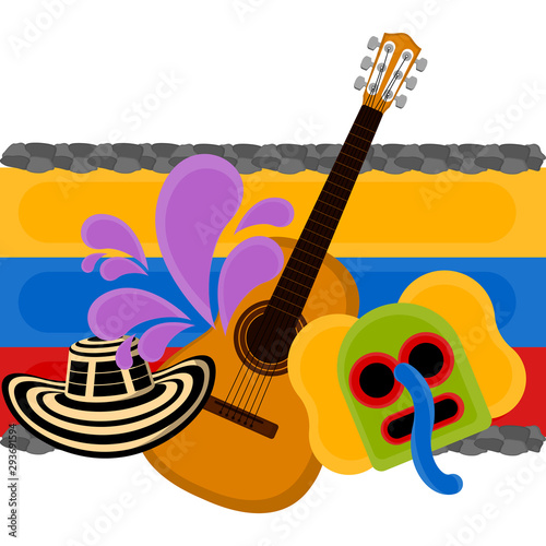 Sombreo vueltiao, marimaonda mask and guitar over a flag of Colombia. Representative image of colombia - Vector