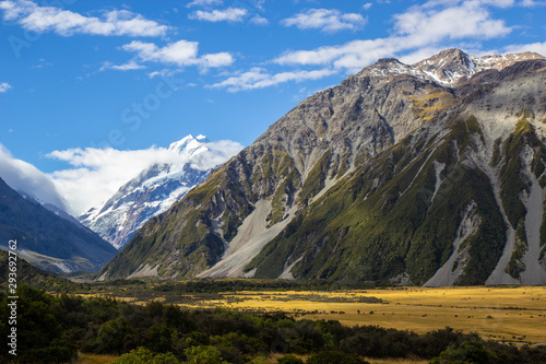 view of Mount Cook and surrounding mountains from Aoraki Mount Cook Village © Tomtsya