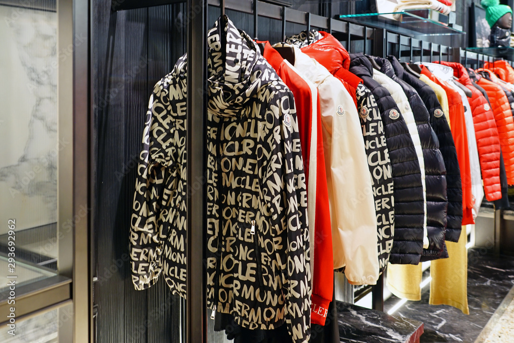 VENICE, ITALY -10 APR 2019- View of winter clothes in a Moncler store.  Monclerc is a fashion brand known for its fashionable down jackets. Stock  Photo | Adobe Stock