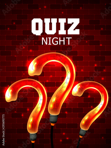 Quiz night announcement poster design web banner background vector illustration. Pub quiz held in a pub, bar, night club. Modern pub team game. Questions game shining retro light banner. Lightbulb