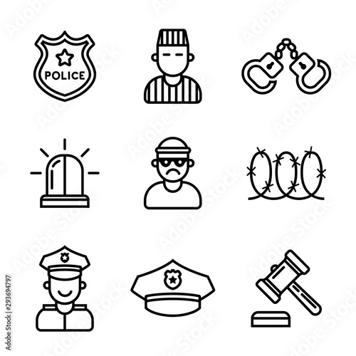 set of crime and punishment icons. policeman and criminal. Flat vector illustration.