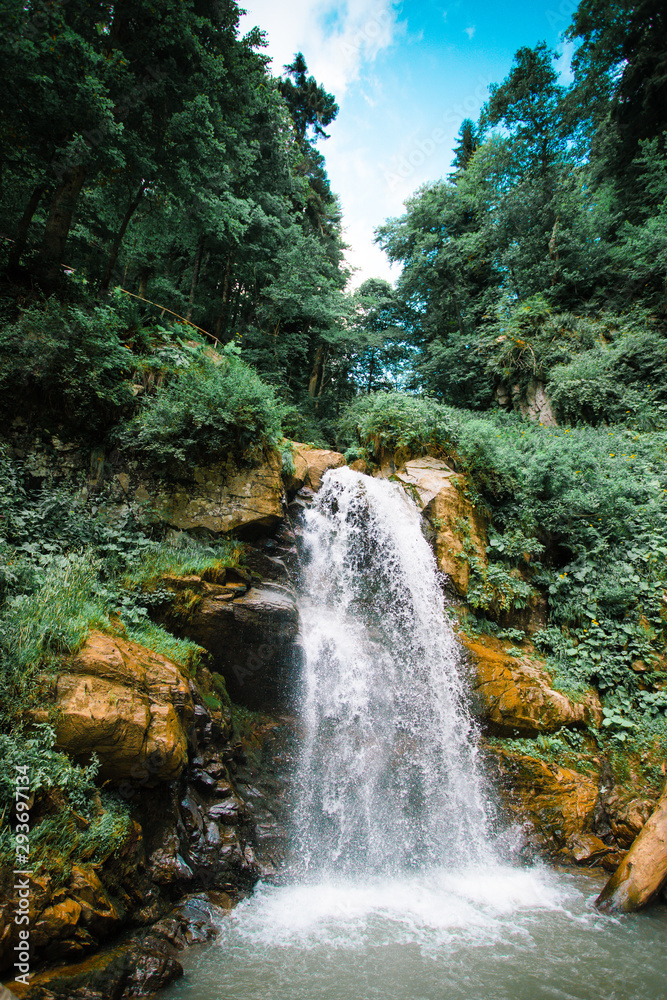Fototapeta premium Park of waterfalls Mendeliha. Forest river and waterfall. Sochi. Rosa Khutor