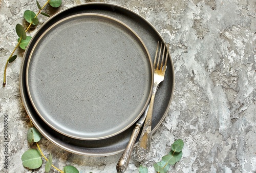 trendy plates empty on a concrete background and eucalyptus twigs. modern serving style. place for text. copy space. top view. 