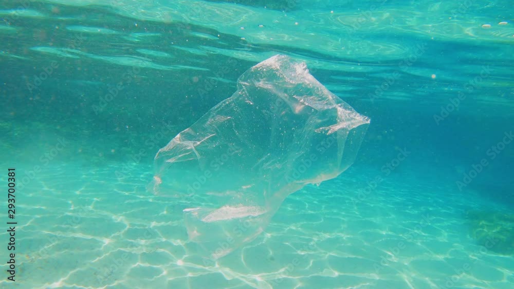 A plastic bag is floating in a sea/ocean. Plastic pollution, big ...