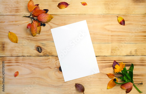 Autumn mockup for greeting cards on a wooden background with autumn leaves and berries, top view, flat lay composition