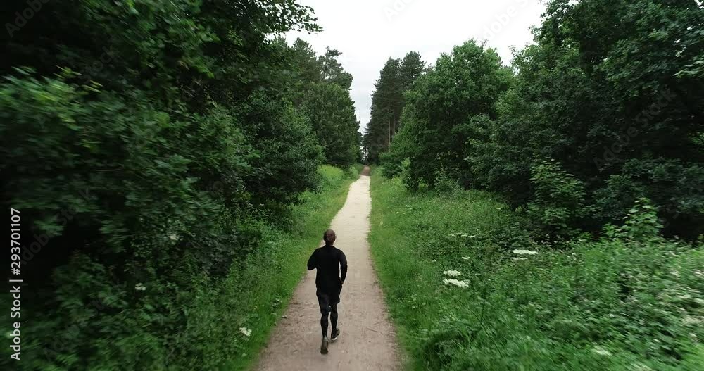4K Aerial. Man runing on Park Path through a Forest Glade. Tree Lined Green British Wood in the Countryside on a Summer Evening in Great Britain.