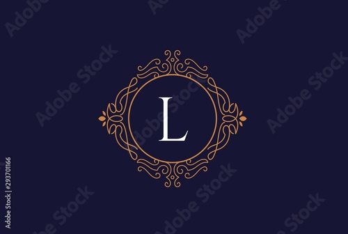 Luxury gold and blue logo design template vector illustration for Restaurant, Royalty, Boutique, Cafe, Hotel, Heraldic, Jewelry and Fashion. Ornament shapes for logotype or badge design.