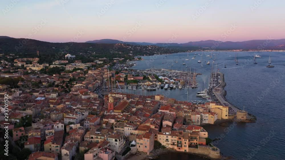 Early morning over Saint Tropez city aerial harbor luxury destination Early morning over Saint Tropez city aerial harbor luxury destination