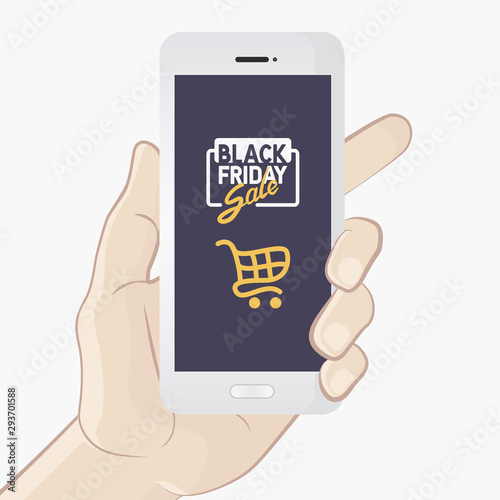 Black friday sale. Hand holding smartphone with Black friday sale on screen