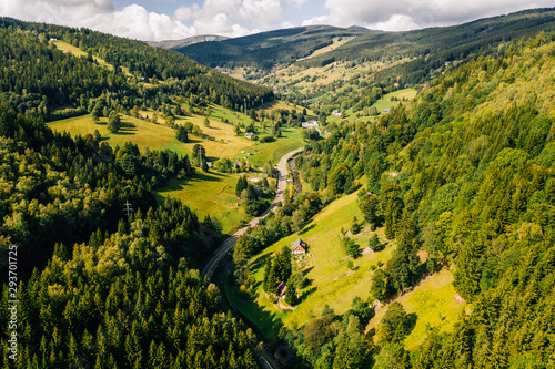 Aerial drone photography of giant mountains, Špindlerův Mlýn.