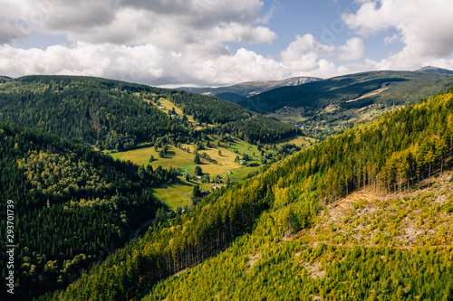 Aerial drone photography of giant mountains, Janskie laznie, Czech Republic.