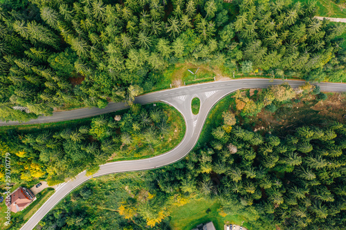 Aerial drone photography of giant mountains roads, top-down view. Špindlerův Mlýn.