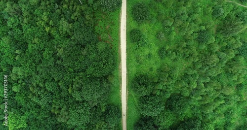 4K Aerial. Man running on Park Path through a Great Green Forest Glade. Tree Lined British Woodland  Countryside on a Summer Evening in Great Britain. photo