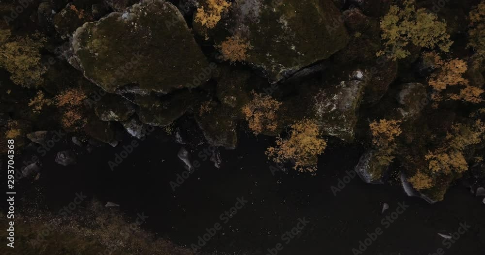 Aerial flight over rocks and trees along water at Lofoten Islands Norway