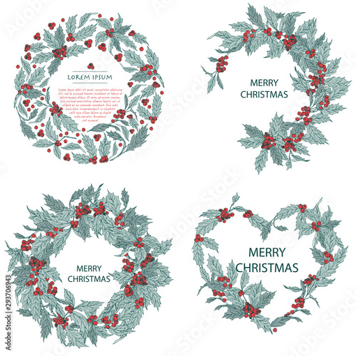 Vector christmas wreath set with holly hand drawn circle background with plant for greeting cards