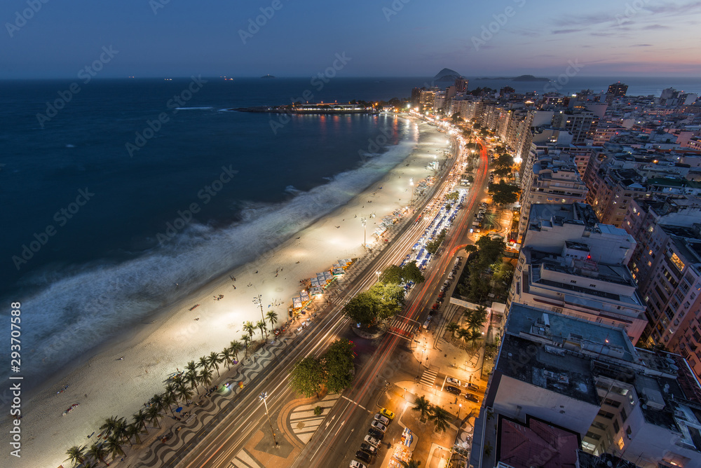View of Copacabana Beach in Rio de Janeiro at Night