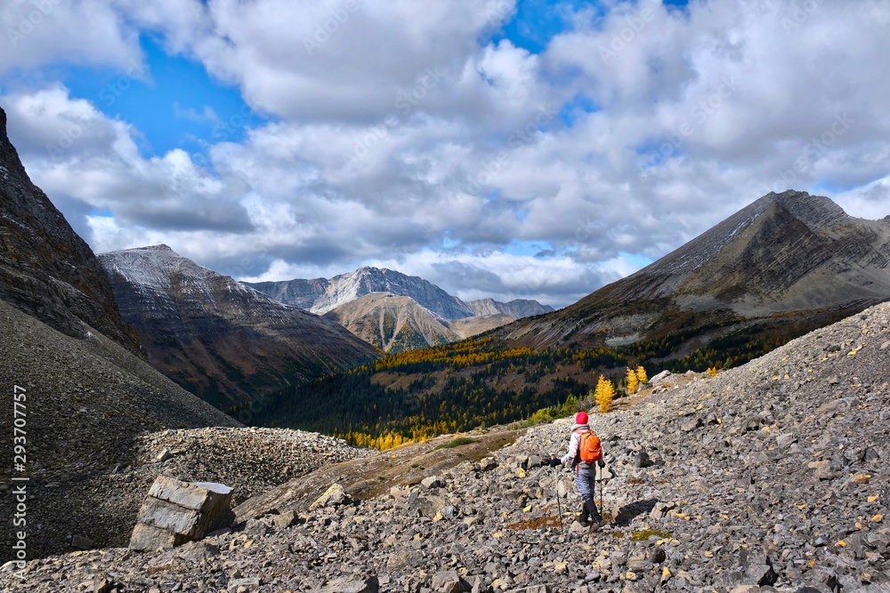 Woman hiking in mountains in Canadian Rockies among picturesque peaks and yellow autumn trees. Kananaskis Village. Alberta. Canada.