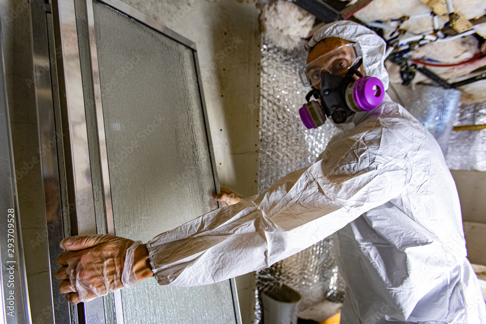 Indoor damp & air quality (IAQ) testing. A building inspector is seen at work inside a condemned building, removing glass panels from a basement plagued with black mold spores (aspergillus).